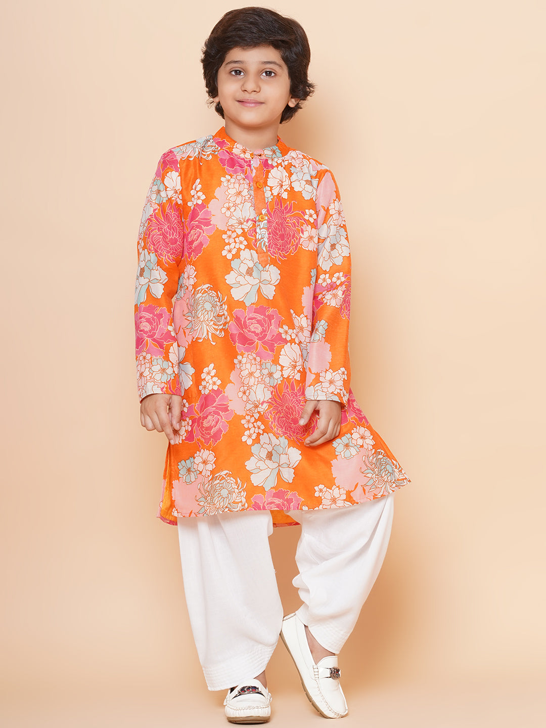 Boys Orange Multi Printed Kurta with Salwar for Kids - Bhama - Distacart