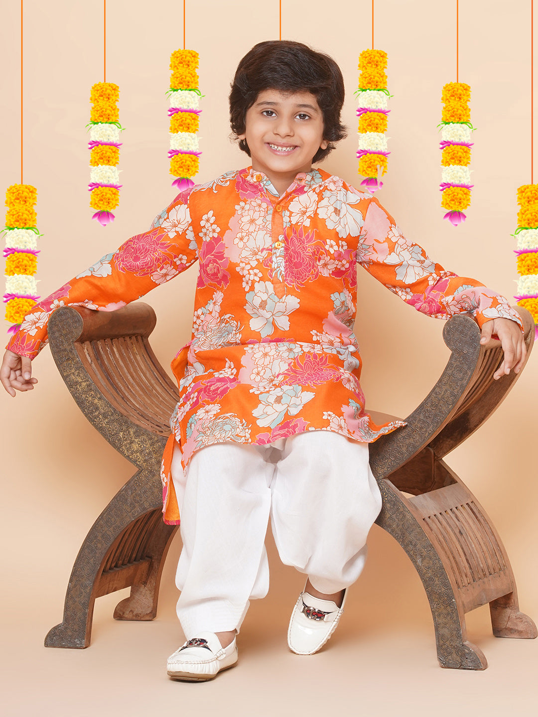 Boys Orange Multi Printed Kurta with Salwar for Kids - Bhama - Distacart