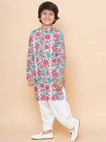 Thumbnail for Boys Off White & Pink Printed Kurta with Salwar for Kids - Bhama - Distacart