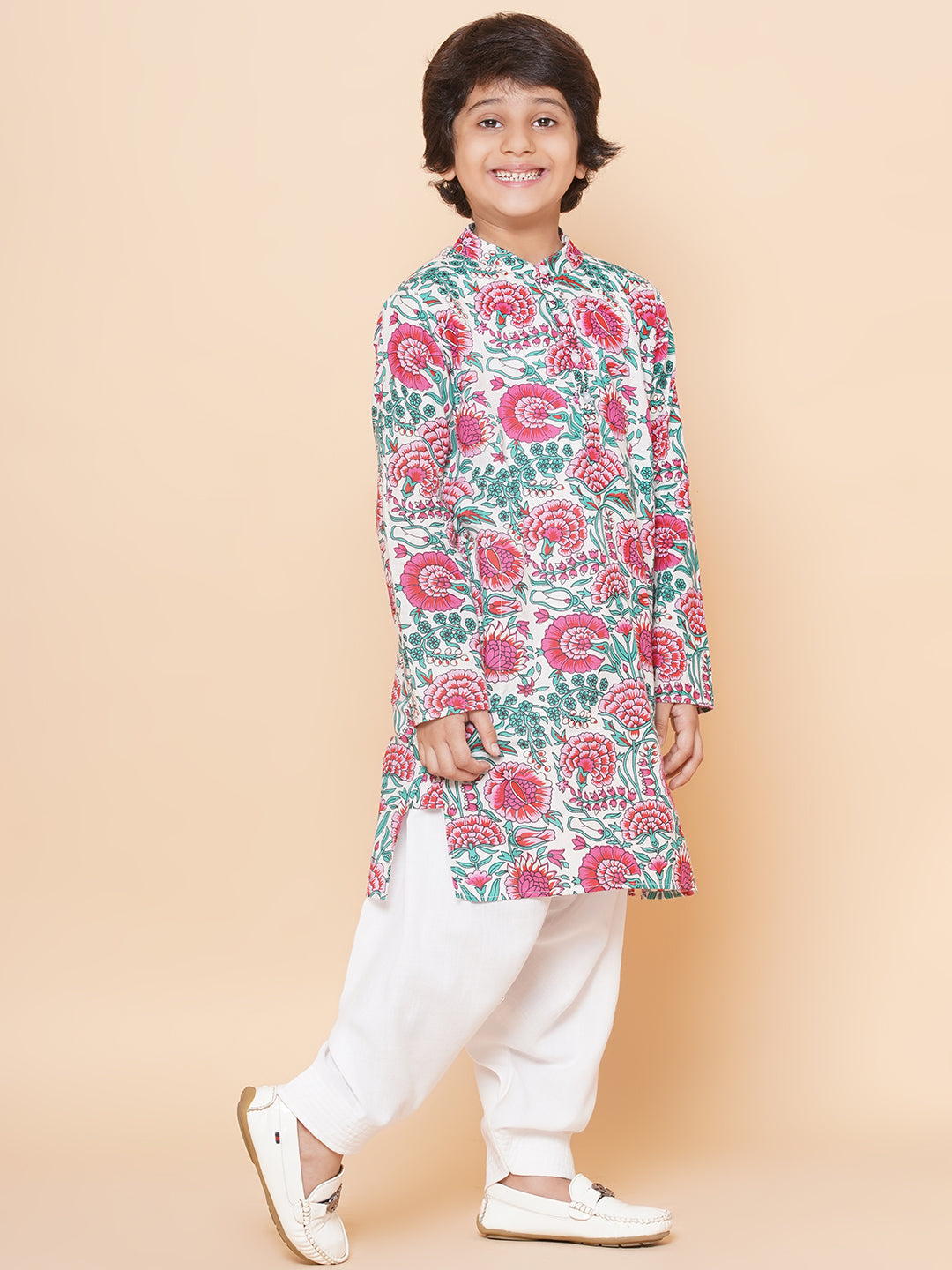 Boys Off White & Pink Printed Kurta with Salwar for Kids - Bhama - Distacart