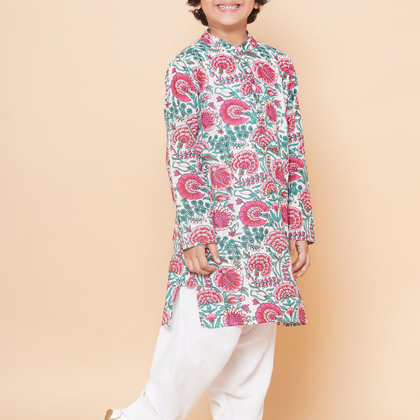 Boys Off White & Pink Printed Kurta with Salwar for Kids - Bhama - Distacart