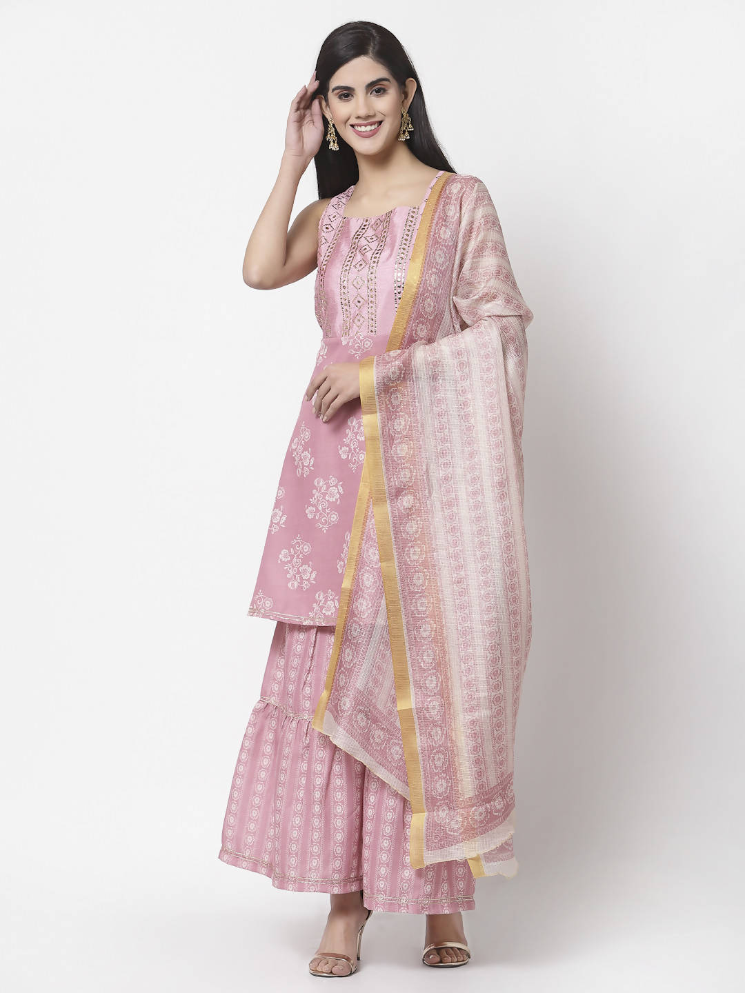 Myshka Women Peach Cotton Blend Printed Sleeveless Shoulder Straps Kurta With Sharara & Dupatta Set