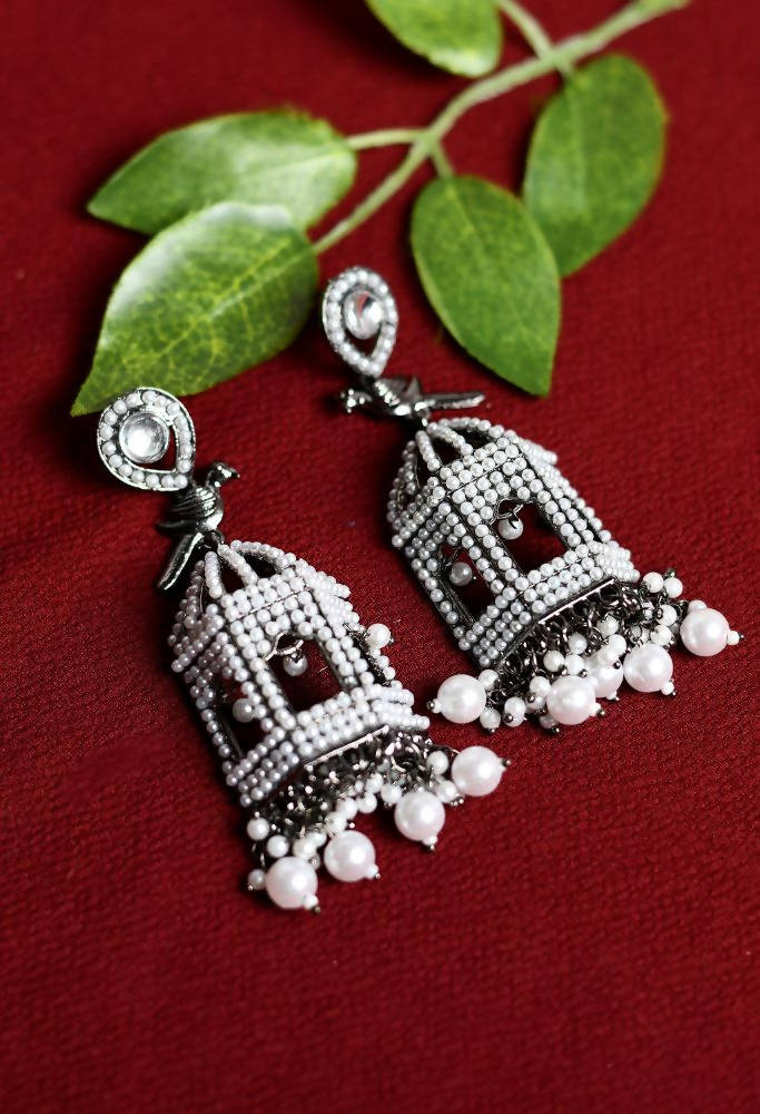 Tehzeeb Creations Oxidised Earrings With White Pearl And Bird Design