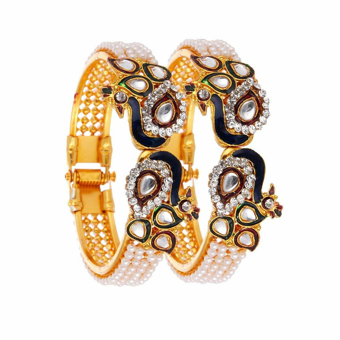 Gold-Plated Alloy Peacock Shape Enamel And Pearl Bangle Set - The Pari - Distacart