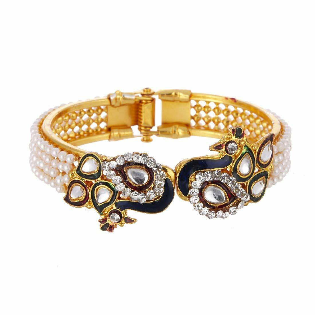 Gold-Plated Alloy Peacock Shape Enamel And Pearl Bangle Set - The Pari - Distacart
