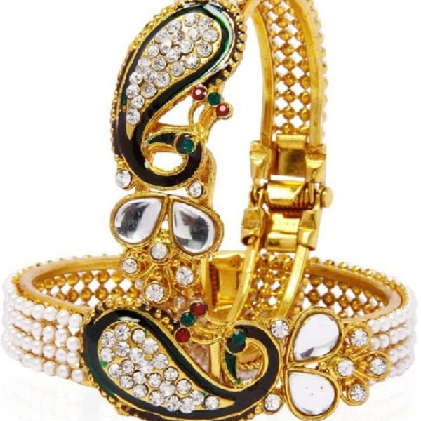 Gold-Plated Alloy Pearl Studded Peacock Enamel Bangle - The Pari - Distacart