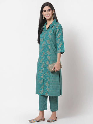 Myshka Women's Green Cotton Printed Half Sleeve Casual Kurta & Pant Set