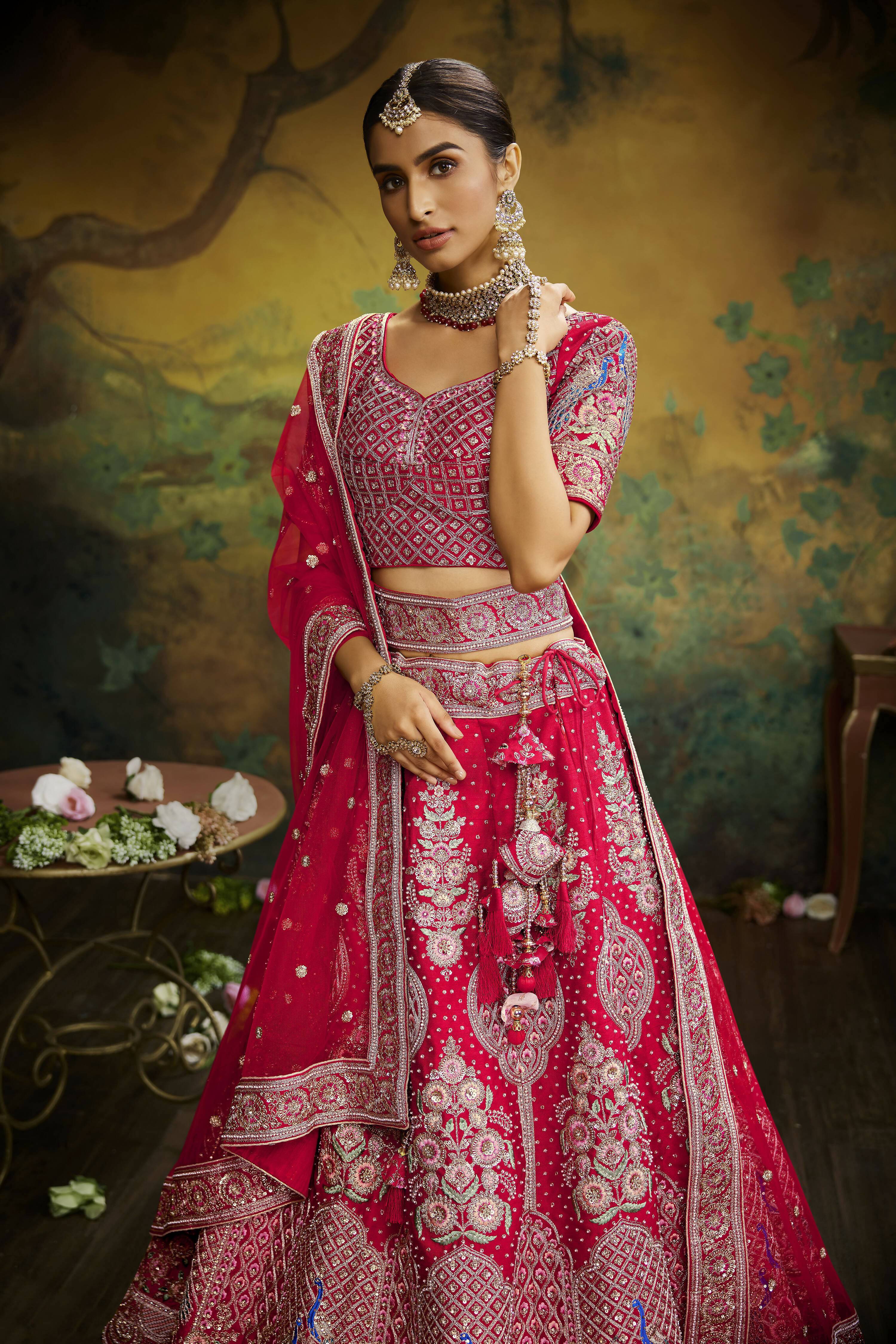 House of Panchhi Red Pure Silk Moti & Zarkan heavy embroidery Lehenga choli & Dupatta - Distacart