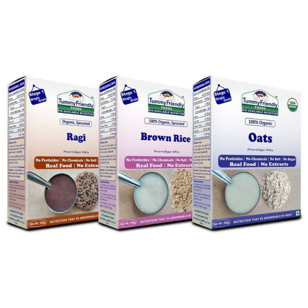 TummyFriendly Foods Organic Stage1 Sprouted Porridge Mixes Combo Pack - Sprouted Ragi, Sprouted Brown Rice and Oats - Distacart