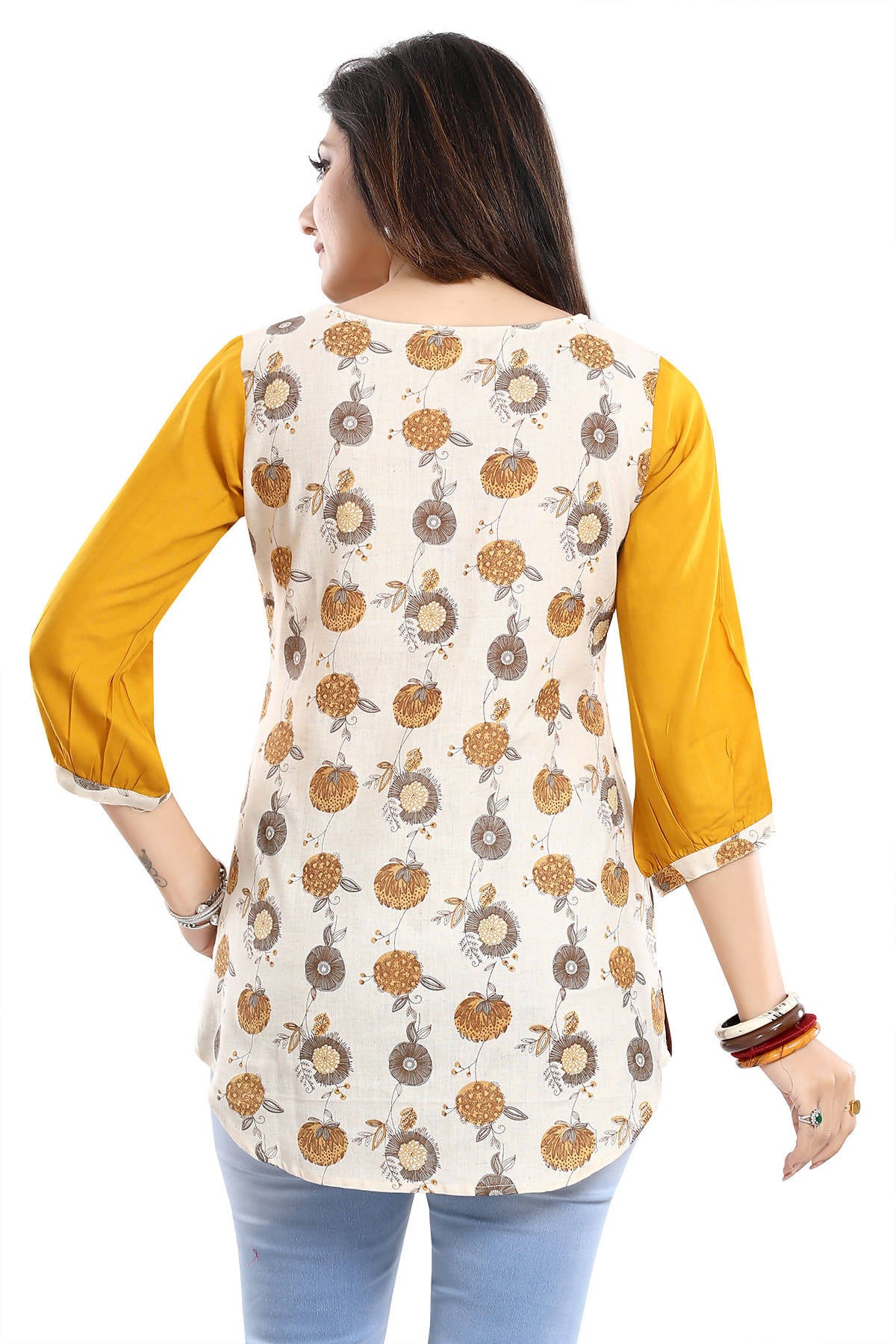 Snehal Creations Cream Cotton Printed Apple-Cut Short Tunic - Distacart