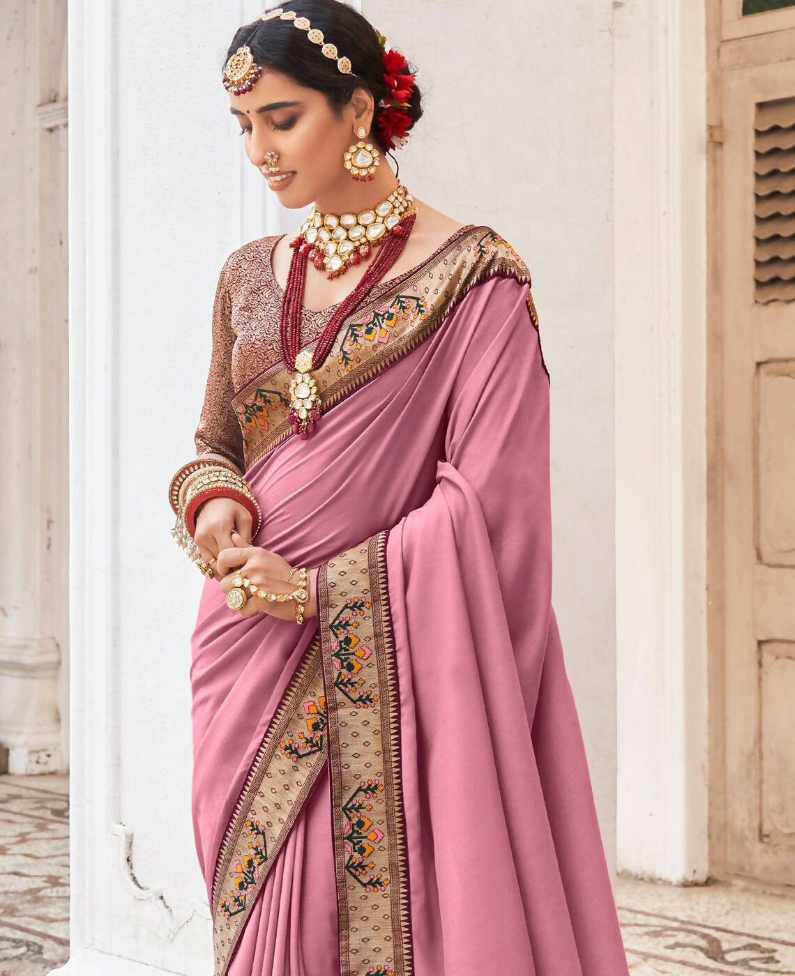 Pink Vichitra Solid Saree With Unstitched Blouse Piece - Juhi - Distacart