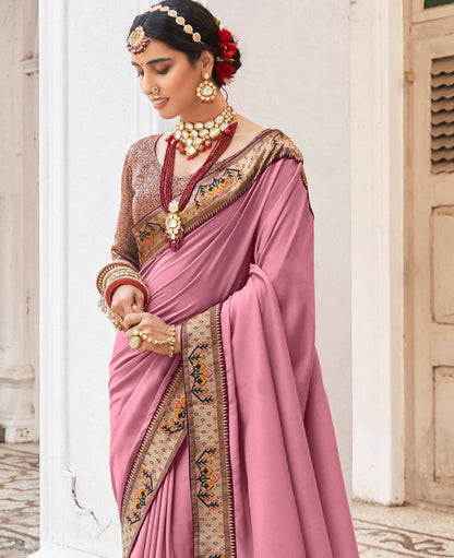 Pink Vichitra Solid Saree With Unstitched Blouse Piece - Juhi - Distacart