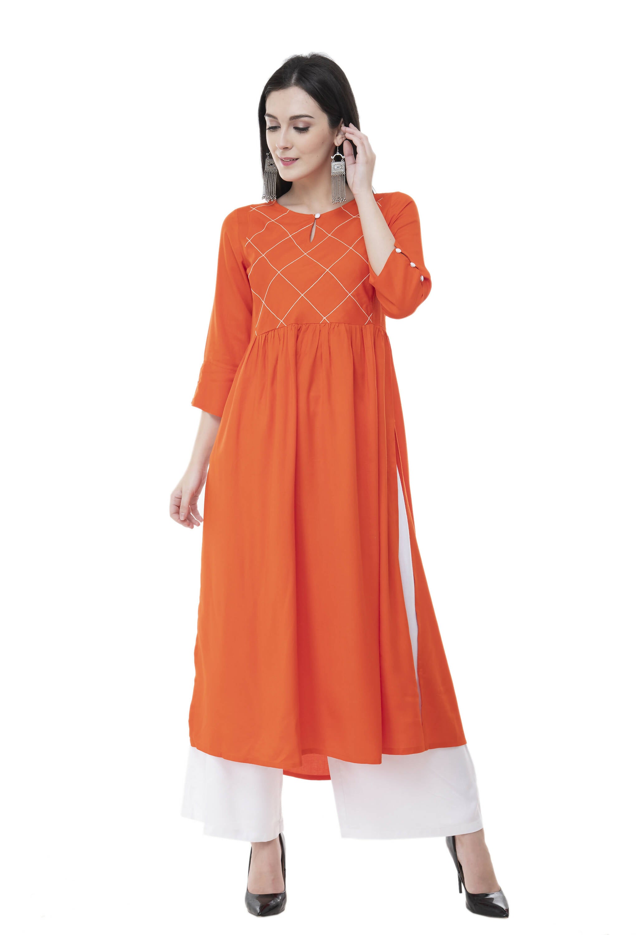 Women's Orange Thread Work Emb Kurti With Side Slits - G & A Apparels - Distacart