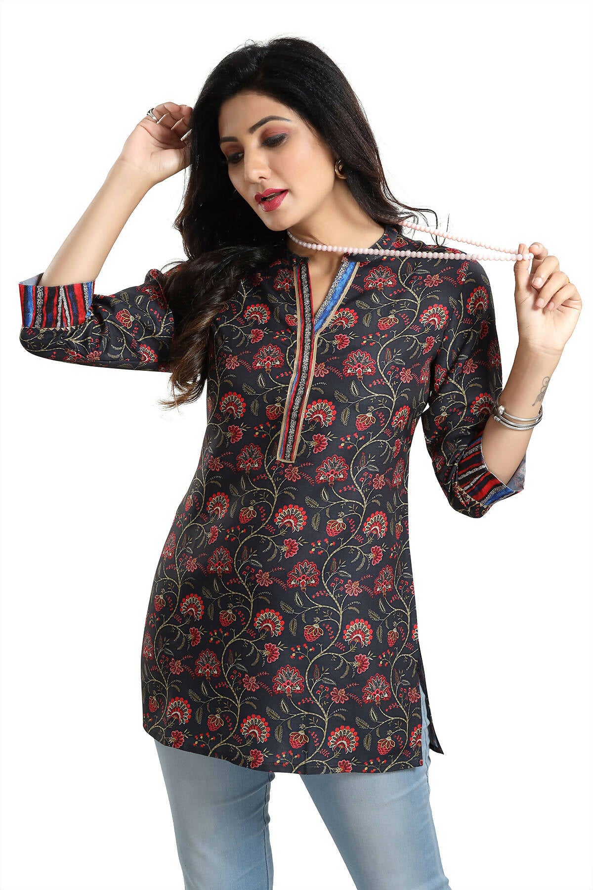 Snehal Creations Blissful Black Rayon Short Kurti Tunic Top - Distacart