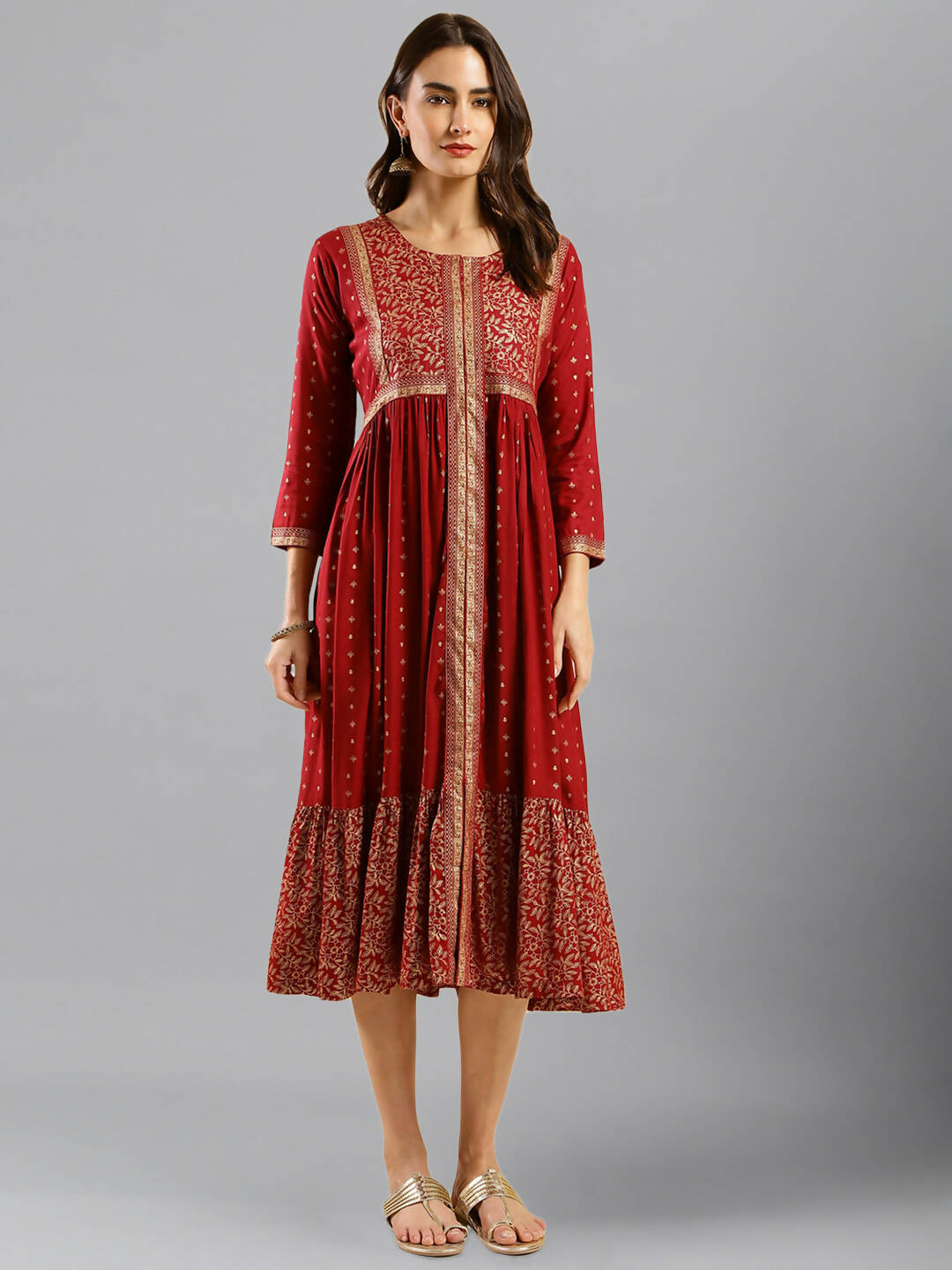 Maroon Viscose Rayon Ethnic Motifs Aline Dress - Poonam - Distacart