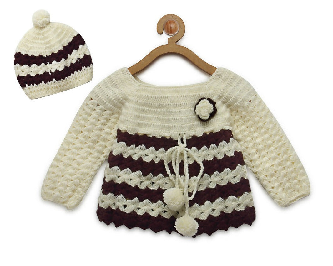 ChutPut Hand knitted Front Open Sweater with Cap- Cream - Distacart