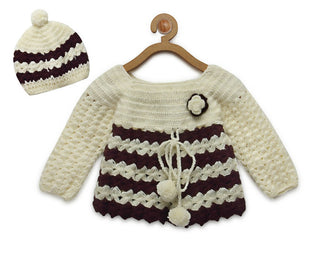 ChutPut Hand knitted Front Open Sweater with Cap- Cream - Distacart