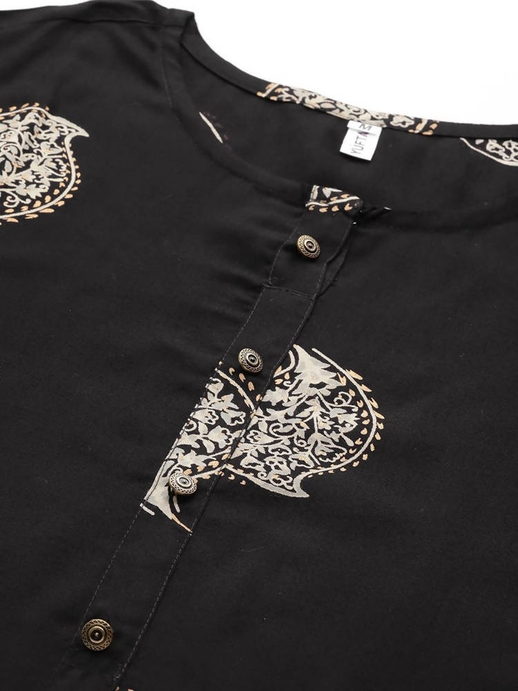 Yufta Women Black & Cream-Coloured Screen Printed Kurta with Trouser