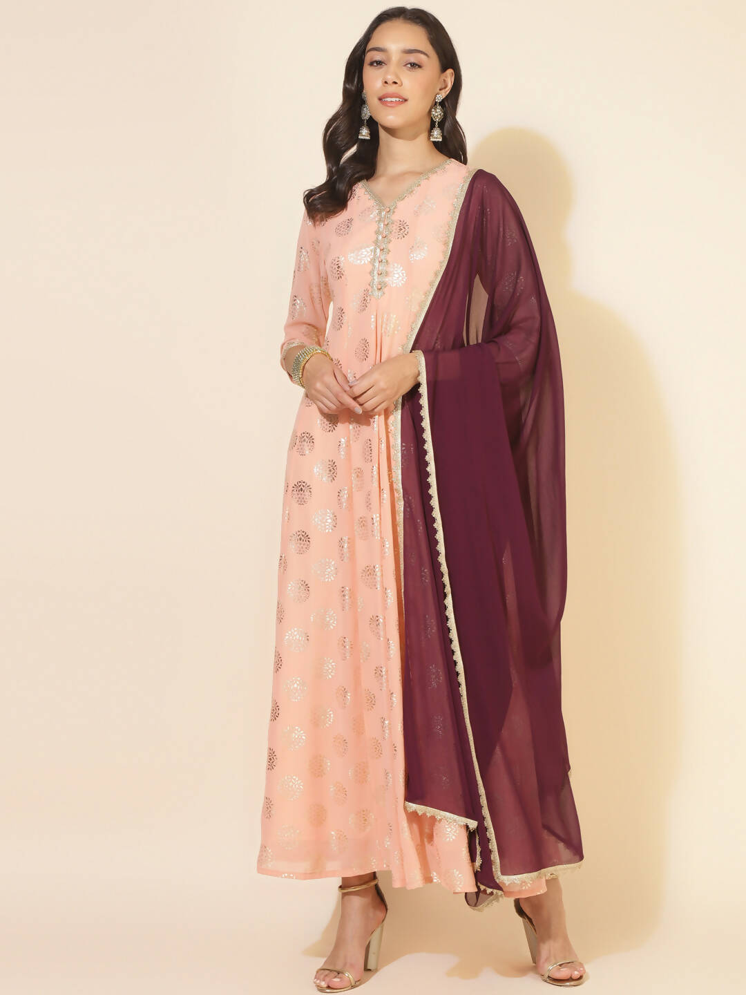 Janasya Women's Peach Georgette Foil Printed Festive Anarkali Kurta Set - Distacart
