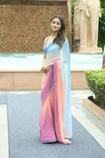 Thumbnail for Vamika Georgette Lace Work Pink,Sky Blue & Orange Bollywood Style Saree - Distacart