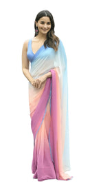 Thumbnail for Vamika Georgette Lace Work Pink,Sky Blue & Orange Bollywood Style Saree - Distacart