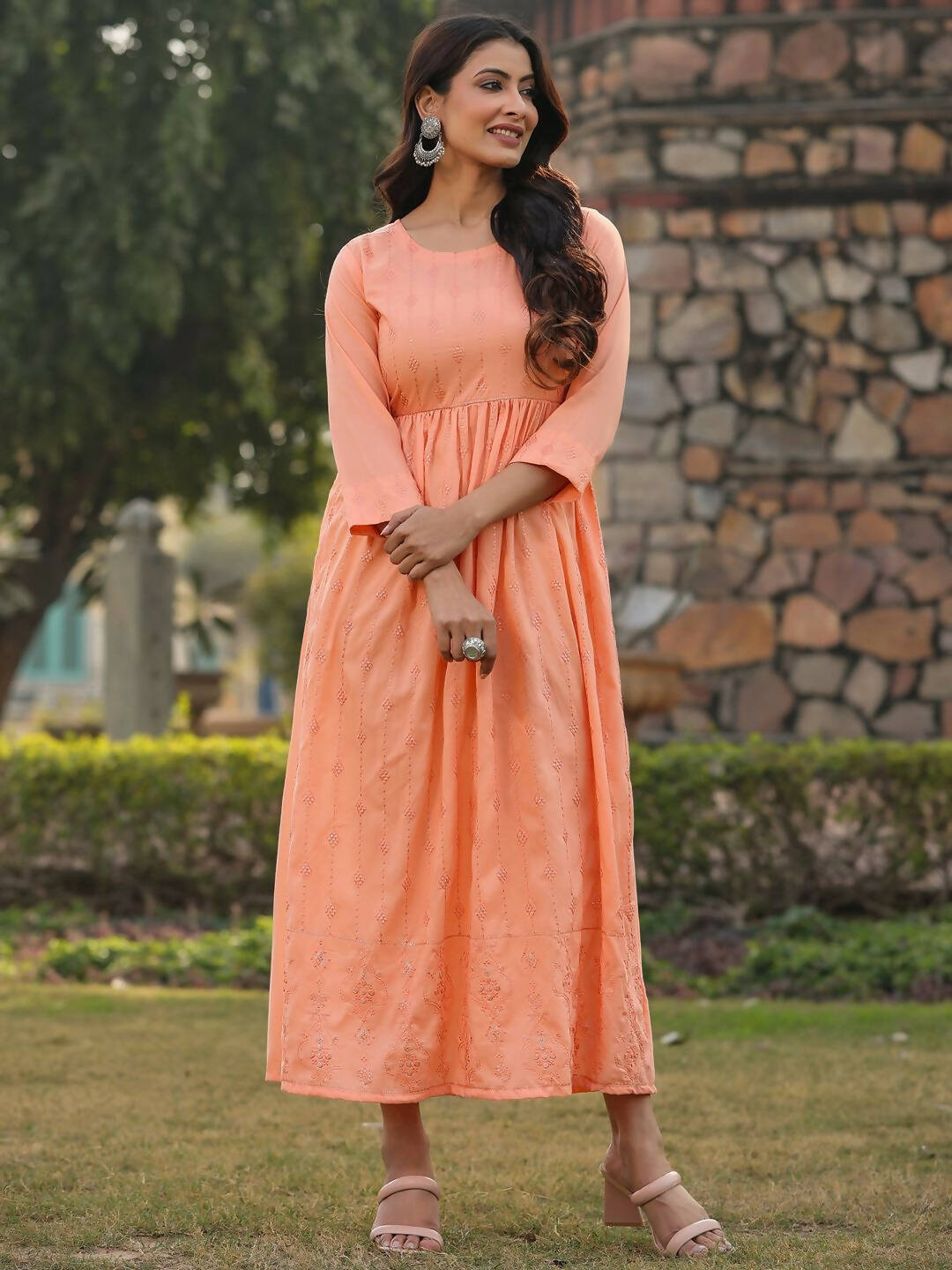 Juniper Women's Peach Festive Embroiderd Flared Dress - Distacart