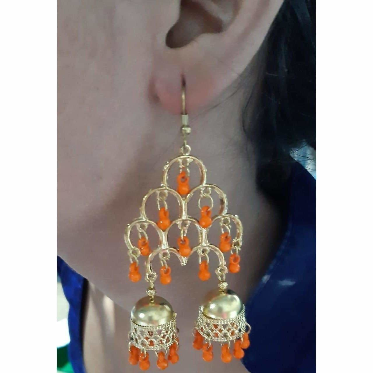 Gold Plated Fashion Traditional Double Jhumka Long Orange Pearls Earrings