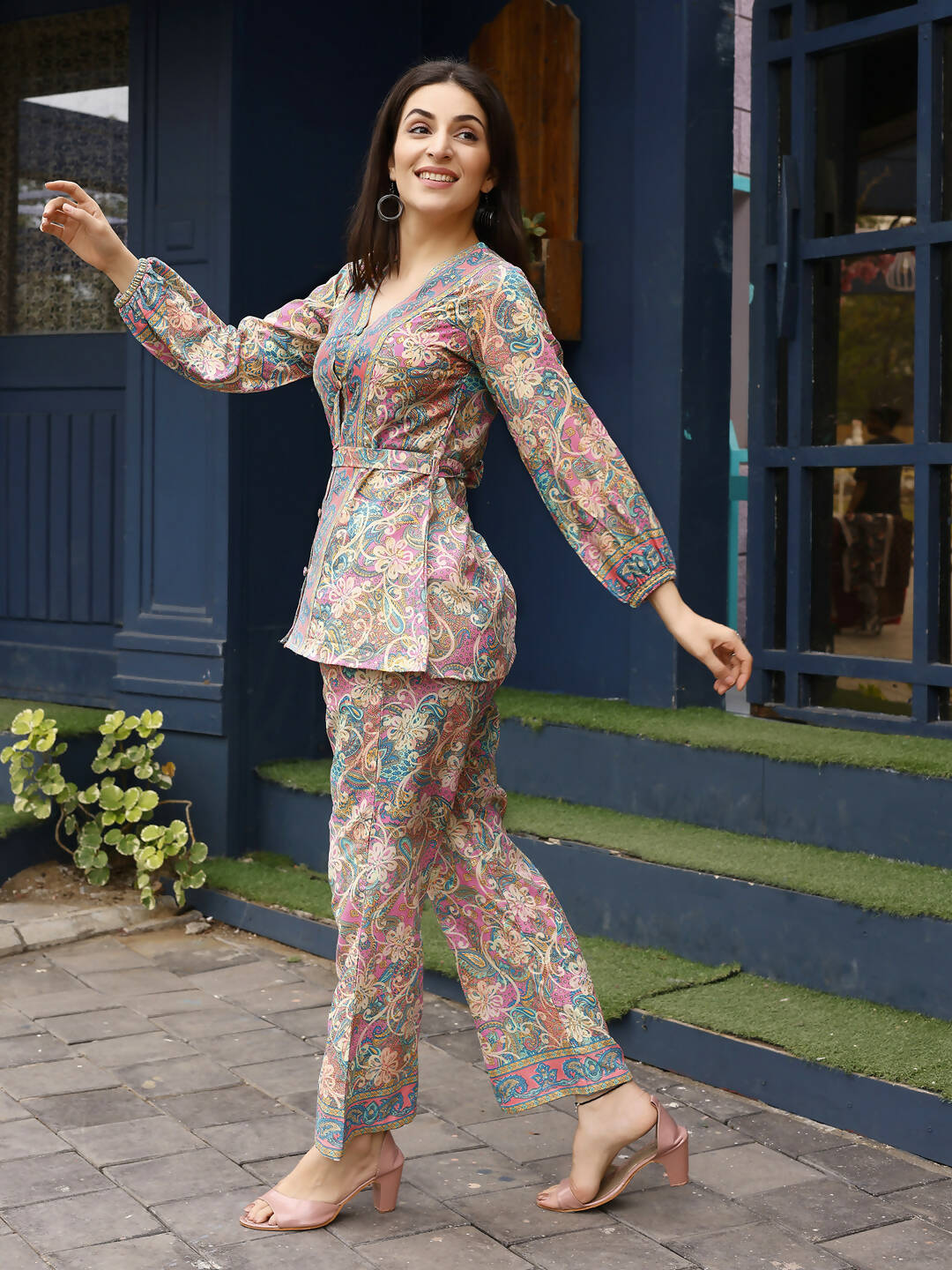 Pink Rayon Paisley & Floral Printed Top with Matching Bottom - Eesha - Distacart