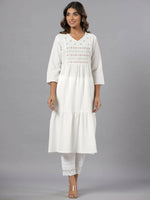 Thumbnail for Juniper Women White Seer Sucker Embroidered High Slit Kurta - Distacart