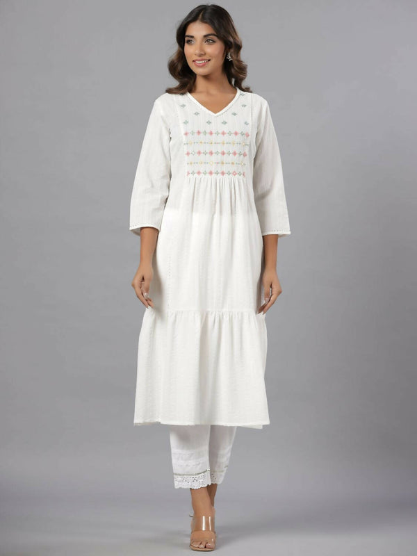 Juniper Women White Seer Sucker Embroidered High Slit Kurta - Distacart