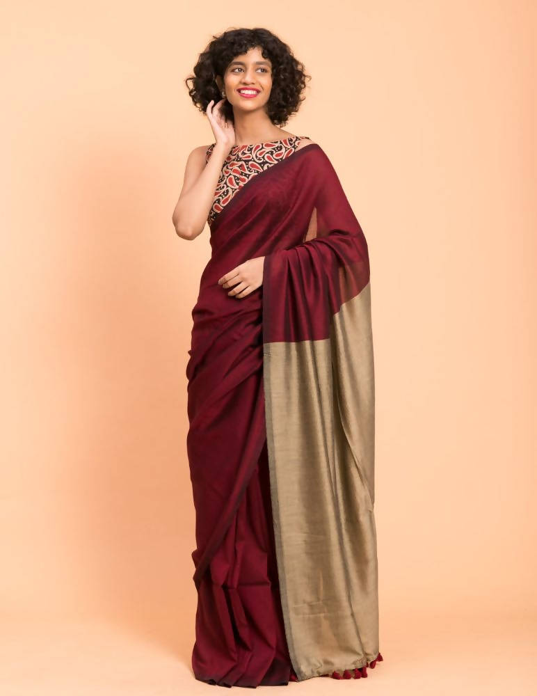 Suta Women Maroon Beige Colorblocked Cotton Blend Saree - Distacart