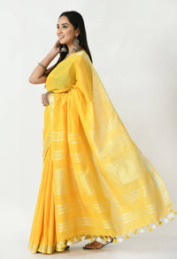 Thumbnail for Mominos Fashion Moeza Yellow Bhagalpuri Handloom Silk Linen Saree with unstitched Blouse piece - Distacart