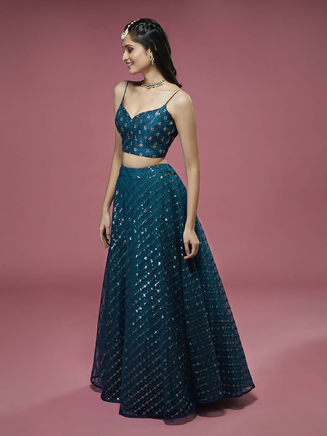 House of Panchhi Teal Net Sequinse Embroidered Lehenga & Blouse with Dupatta - Distacart