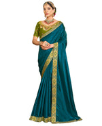 Thumbnail for Teal Solid Vichitra Saree With Unstitched Blouse Piece - Selena - Distacart