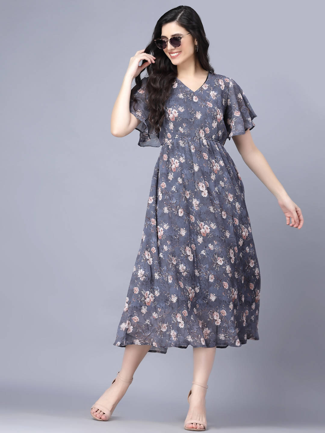 Myshka Women Grey Floral Midi Dress - Distacart
