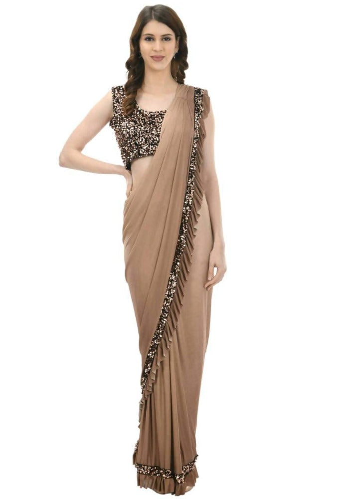 Mominos Fashion All Season Wear Camel Colour Shaded Ruffled Ready To Wear Saree