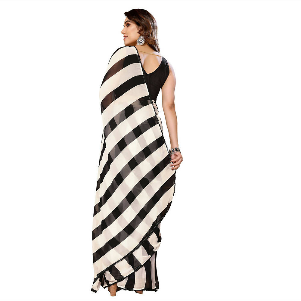 Women's Partywear Designer Black&White Georgette Fancy Saree - Satrangi - Distacart