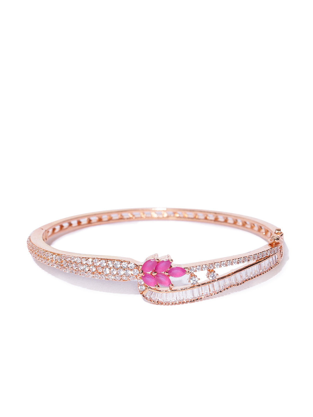 Priyaasi Women Rose Gold-Plated Ruby and American Diamond Studded Bracelet in Floral Pattern - Distacart