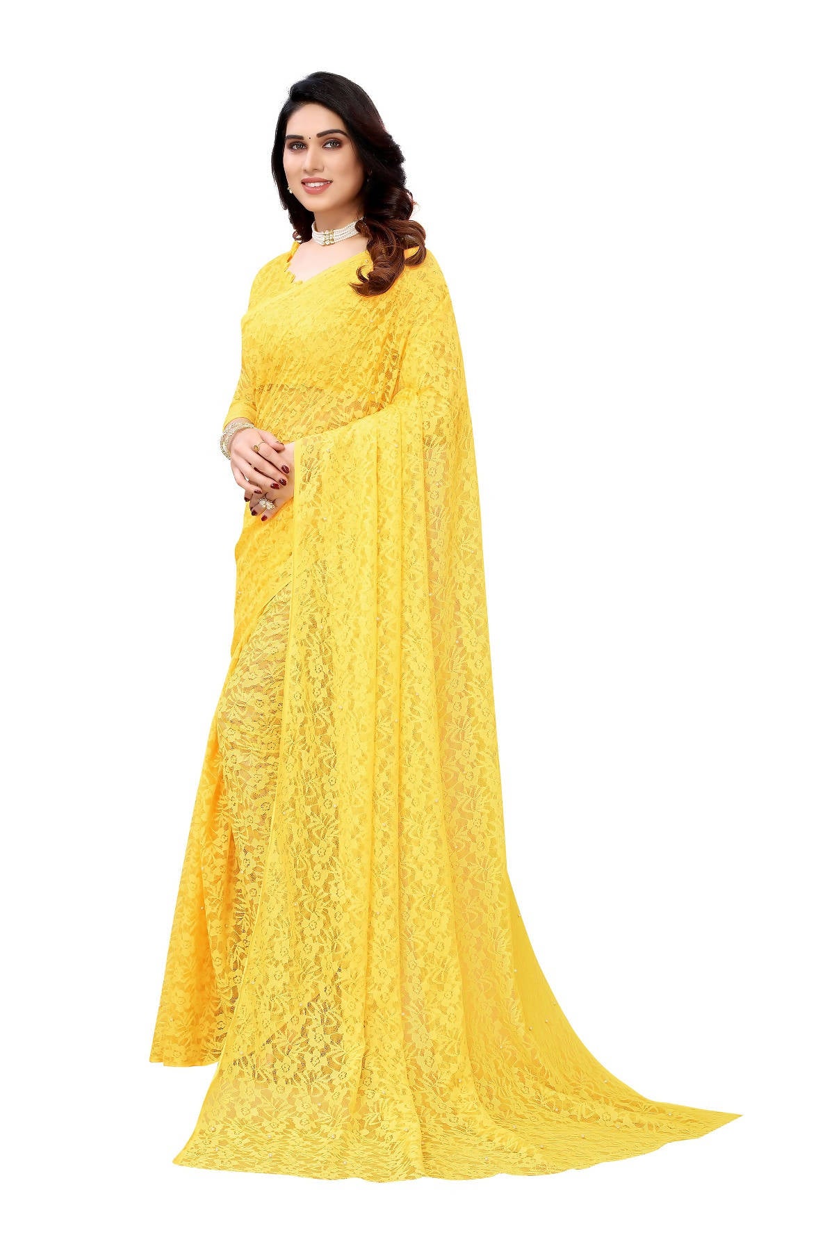 Vamika Ethnic Fire Yellow Pearls Net Saree - Distacart