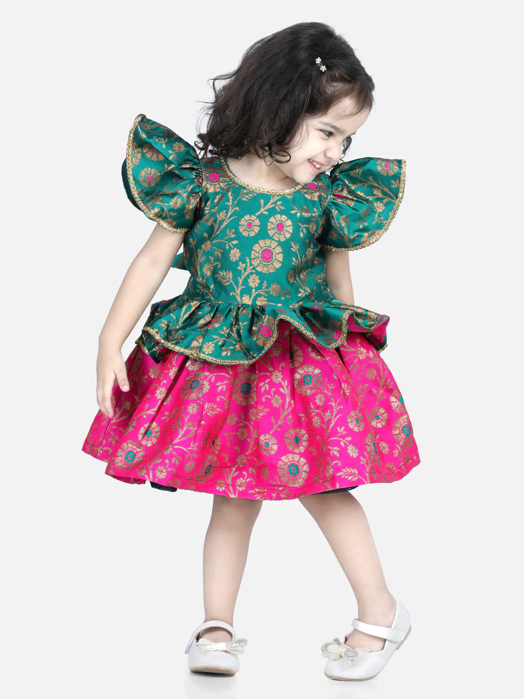 NOZ2TOZ Green Color Jacquard Ruffle Sleeve Frock Party Dress For Girls - Distacart