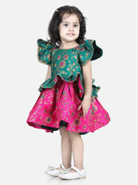 Thumbnail for NOZ2TOZ Green Color Jacquard Ruffle Sleeve Frock Party Dress For Girls - Distacart
