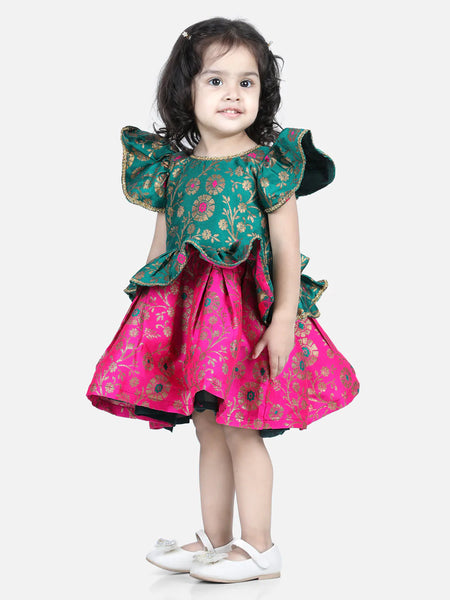 NOZ2TOZ Green Color Jacquard Ruffle Sleeve Frock Party Dress For Girls - Distacart
