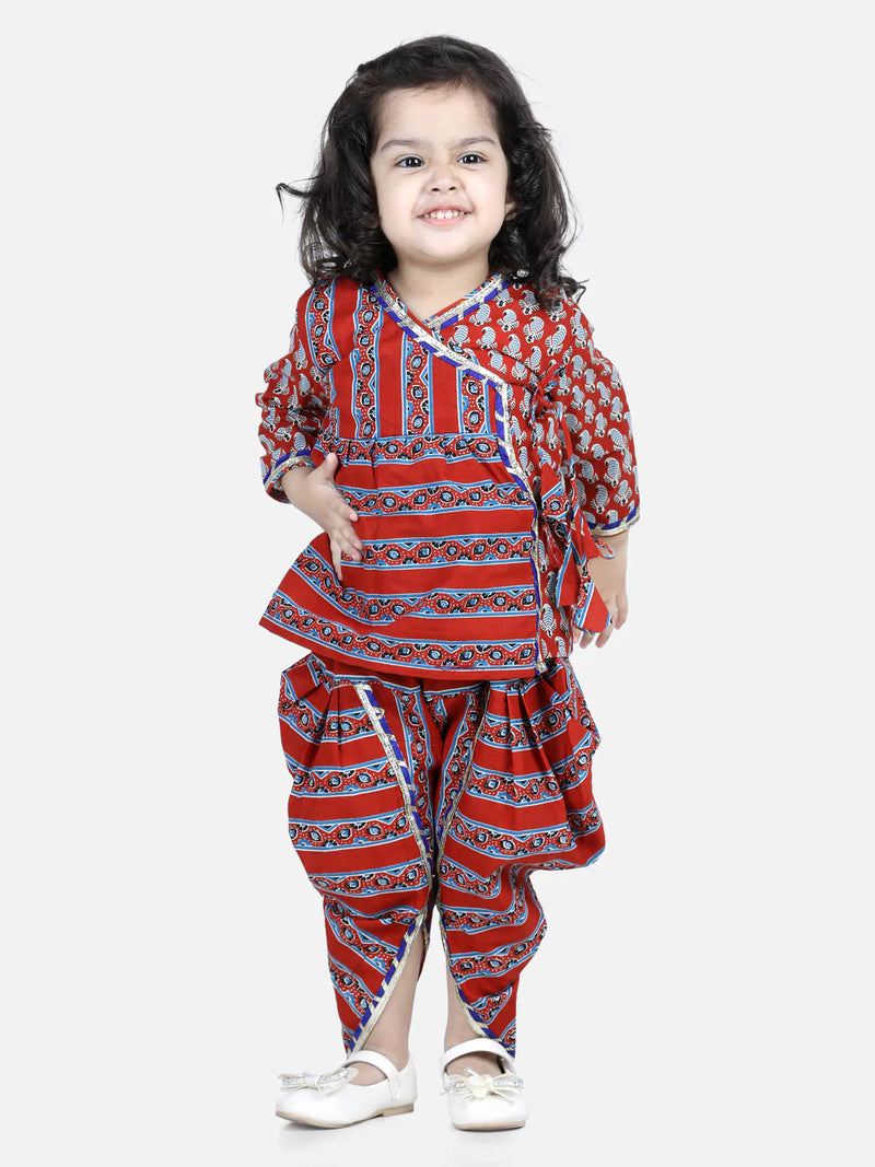 NOZ2TOZ Red Color Front Open Pure Cotton Angrakha Top Dhoti For Girls - Distacart