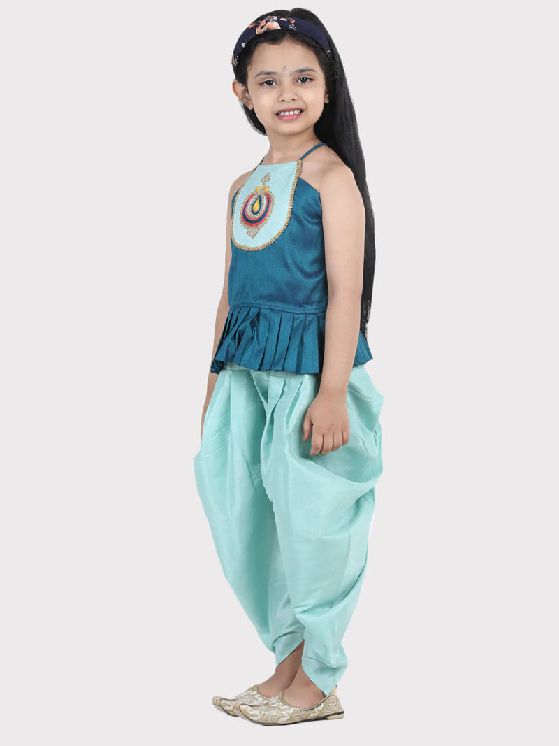 NOZ2TOZ Blue Color Hand Embroidered Grecian Neck Top Dhoti For Girls - Distacart