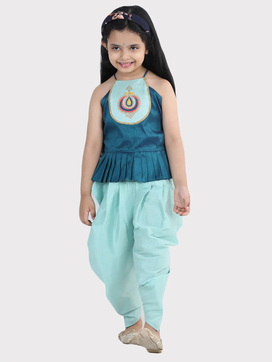 NOZ2TOZ Blue Color Hand Embroidered Grecian Neck Top Dhoti For Girls - Distacart