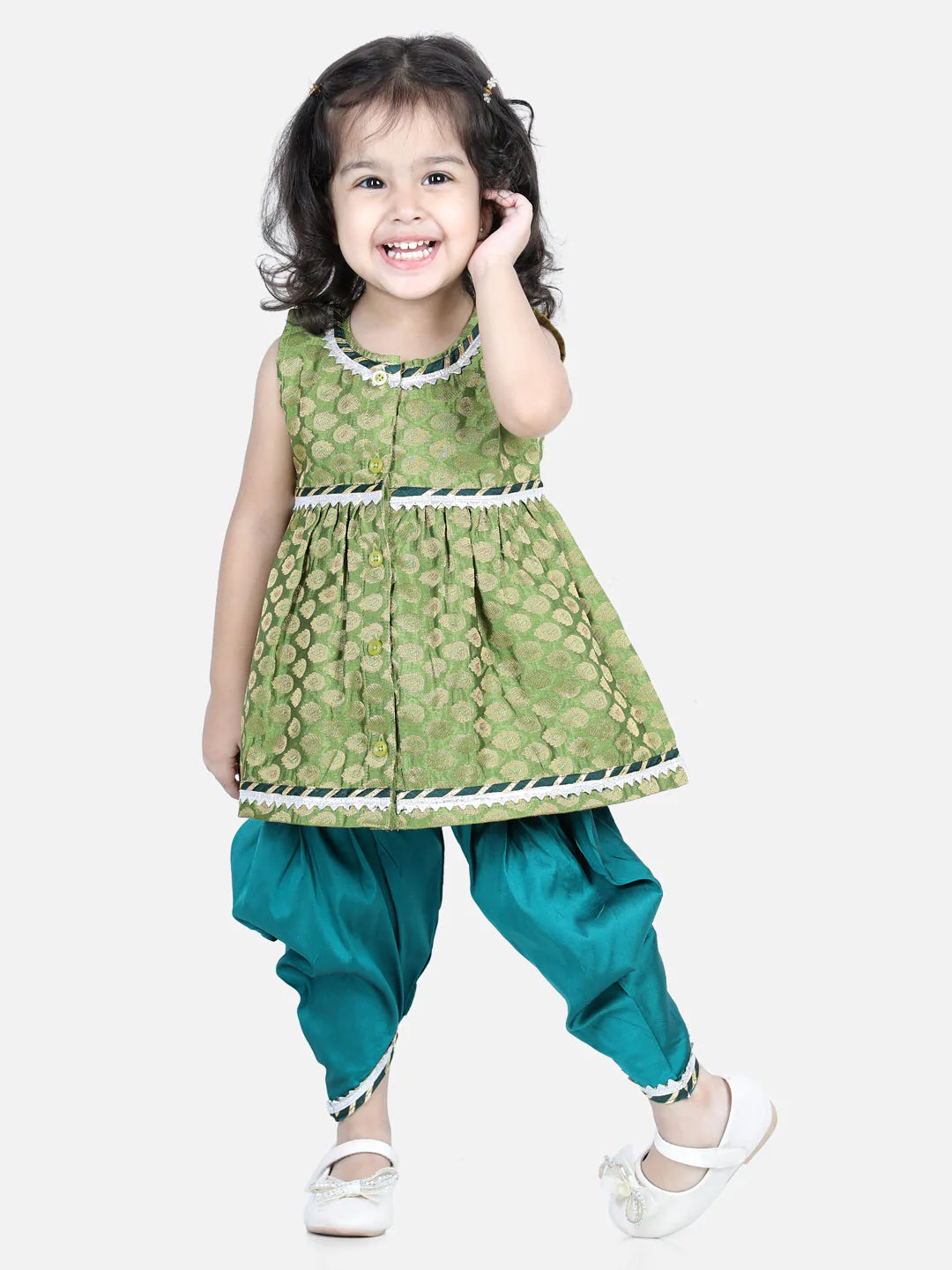 NOZ2TOZ Green Color Jacquard Top with Dhoti For Girls - Distacart