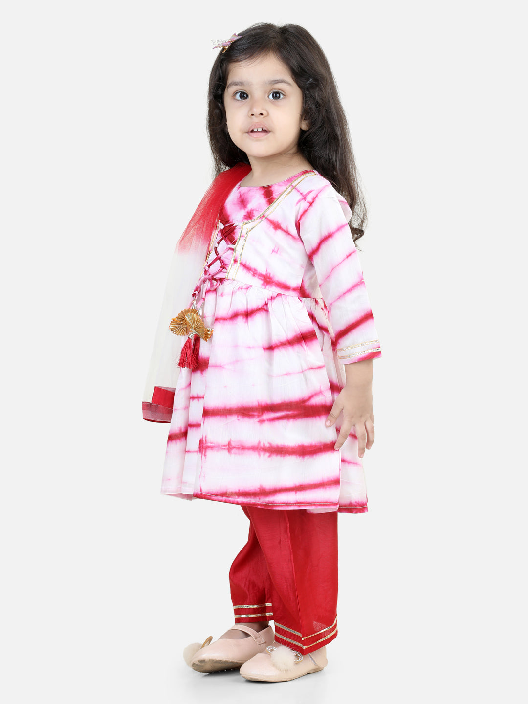 NOZ2TOZ Kids Hand Dyed Chanderi Silk Kurti Pant with Dupatta for Girls - Red - Distacart