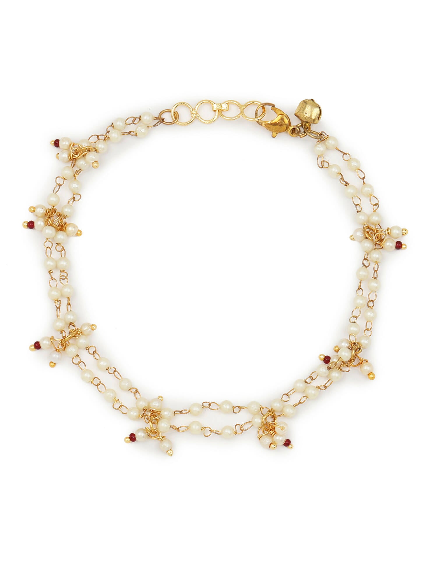 Gold-Plated White Kundan Studded Beaded Anklet - Ruby Raang - Distacart