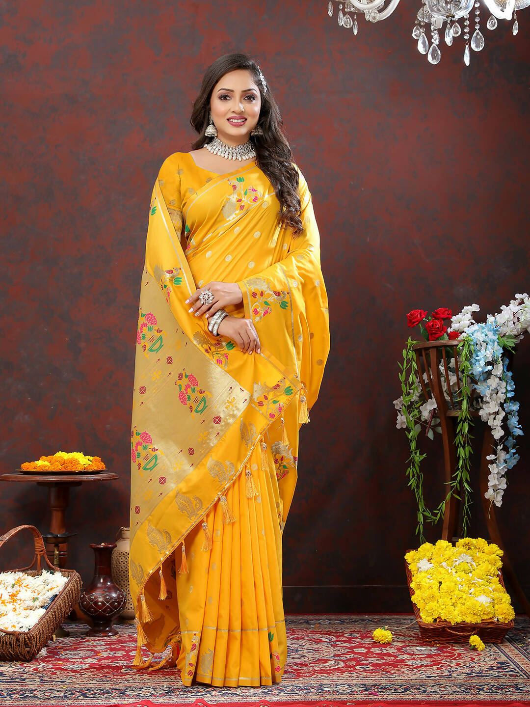 Lorenvalley Fashion Gold Soft Paithani Silk Woven Design Gold Zari Meenakari Weaving Saree - Distacart