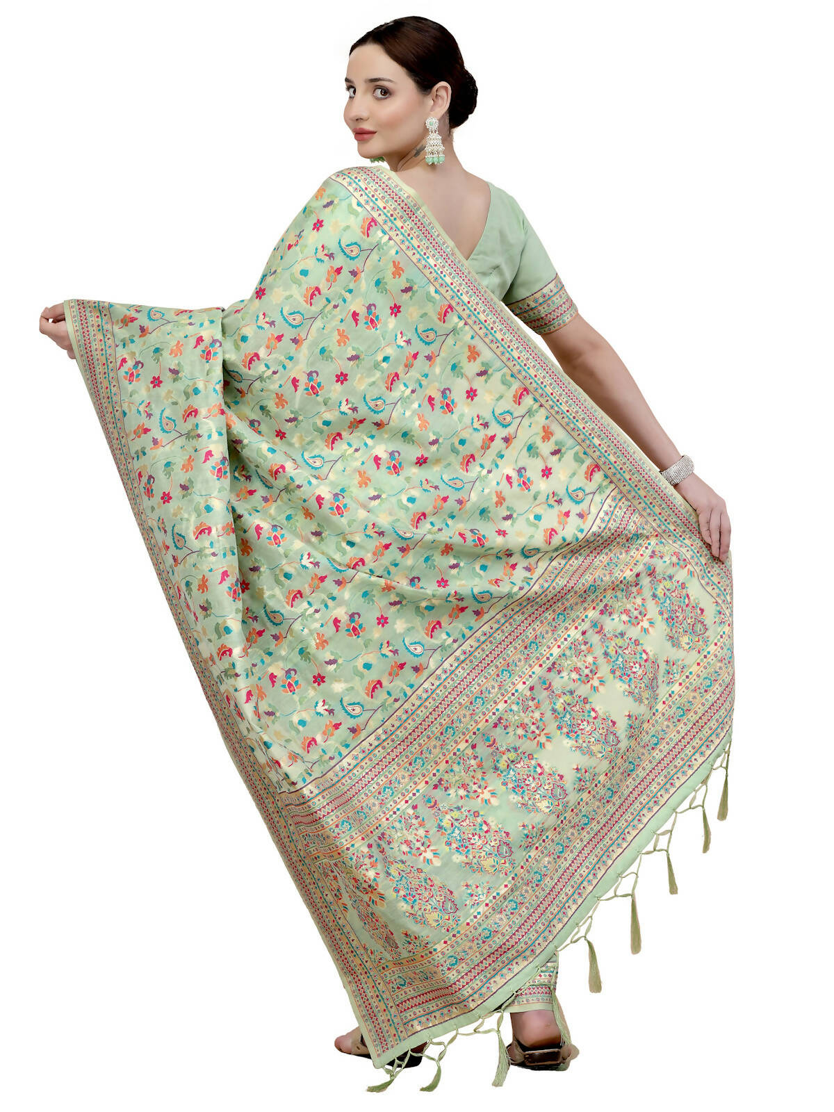 Sea Green Silk Blend Woven Design Saree With Unstitched Blouse Piece - Aloki - Distacart